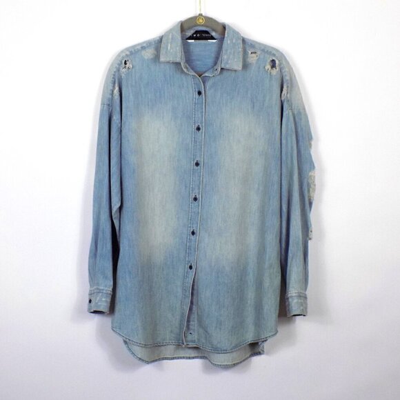 IRO Jeans Denim Button Up Shirt Ripped Distressed Chambray Size EU38 US M Prune - Picture 1 of 8